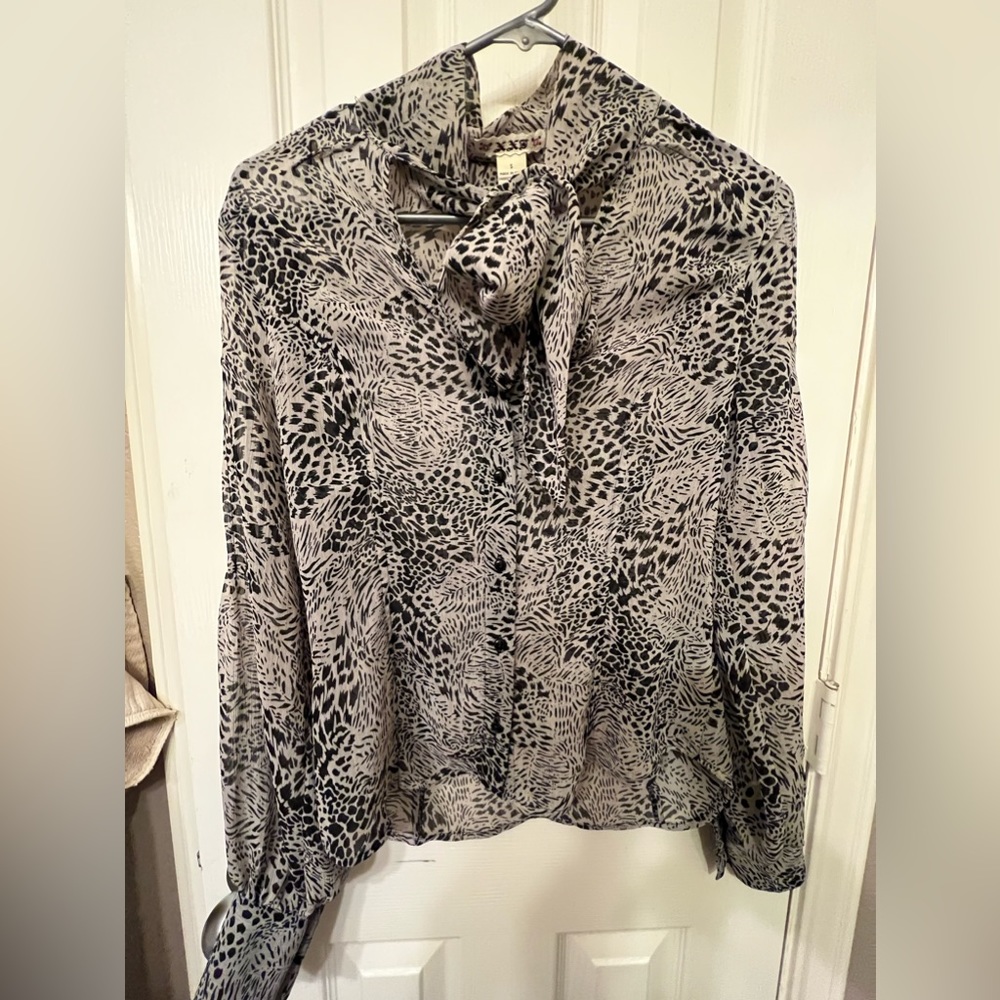 Forever 21 size small sheer black and cream tie neck button up